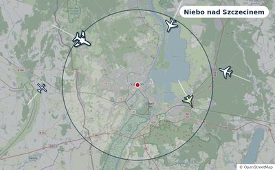 Mapa okolic miasta z sylwetkami samolotów — Niebo nad Szczecinem na żywo