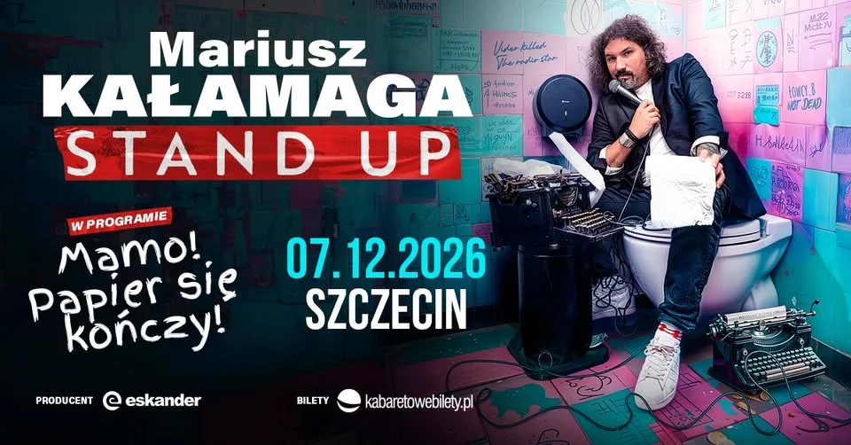 Grafika promocyjna wydarzenia Mariusz Kałamaga w Szczecinie: „Mamo! Papier się kończy!” już 7 grudnia