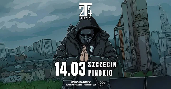 Grafika promocyjna wydarzenia 2T4 | Szczecin — koncert w Pinokio 14 marca 2026