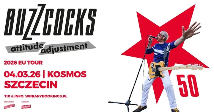 Grafika promocyjna wydarzenia Buzzcocks w Kosmosie (Szczecin) — koncert 4 marca 2026