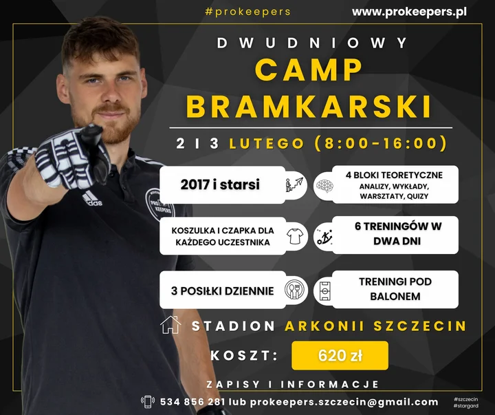 Grafika promocyjna wydarzenia CAMP BRAMKARSKI SZCZECIN — dwudniowy camp bramkarski podczas ferii 2026