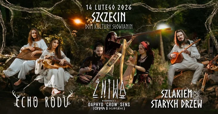 Grafika promocyjna wydarzenia Echo Starych Żniw — koncert trzech słowiańskich projektów w Słowianinie