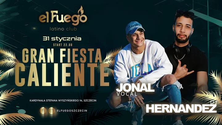 Grafika promocyjna wydarzenia Gran Fiesta Caliente w El Fuego Szczecin — karaibska noc 31 stycznia