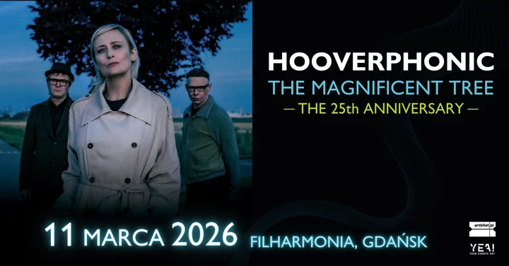 Grafika promocyjna wydarzenia Hooverphonic w Szczecinie — Filharmonia, 11 marca 2026
