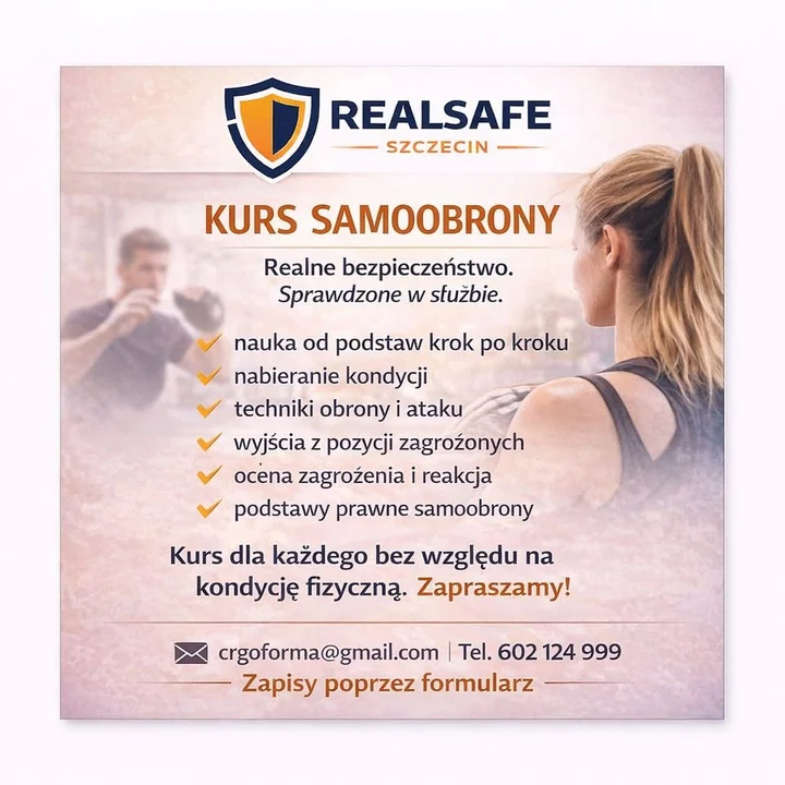 Grafika promocyjna wydarzenia Kurs Samoobrony Szczecin — kurs podstawowy w Sports Factory