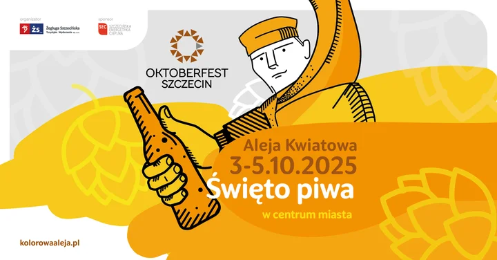 Obrazek przedstawia grafikę promocyjną wydarzenia Święto piwa w centrum Szczecina — Oktoberfest Szczecin 2025
