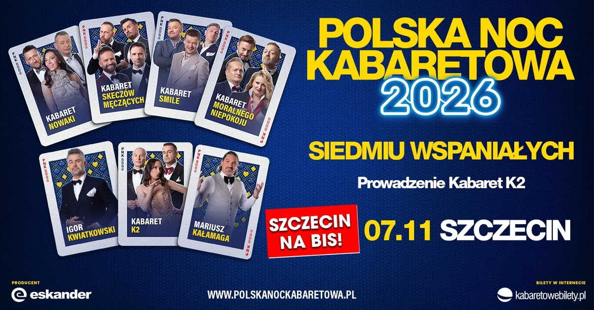 Grafika promocyjna wydarzenia Polska Noc Kabaretowa 2026 – Siedmiu wspaniałych w Szczecinie