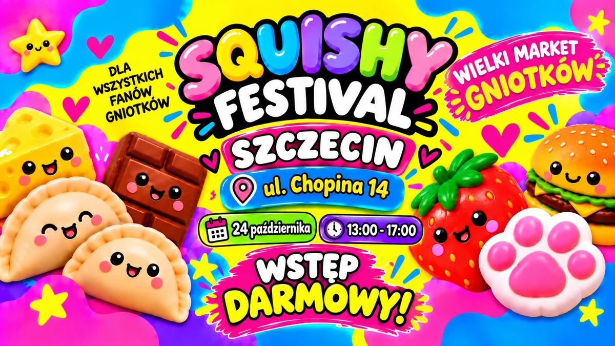 Grafika promocyjna wydarzenia Squishy Festival Szczecin: market gniotków