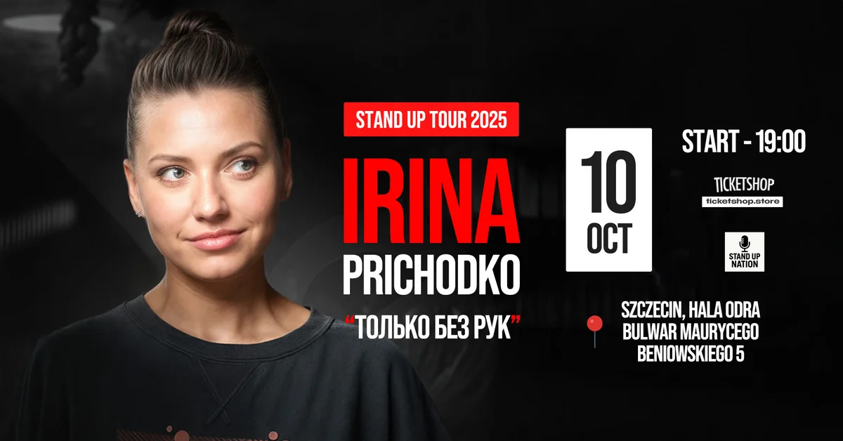 Grafika promocyjna wydarzenia Stand-up Iriny Prichodko w Szczecinie – nowa odsłona komediowego programu