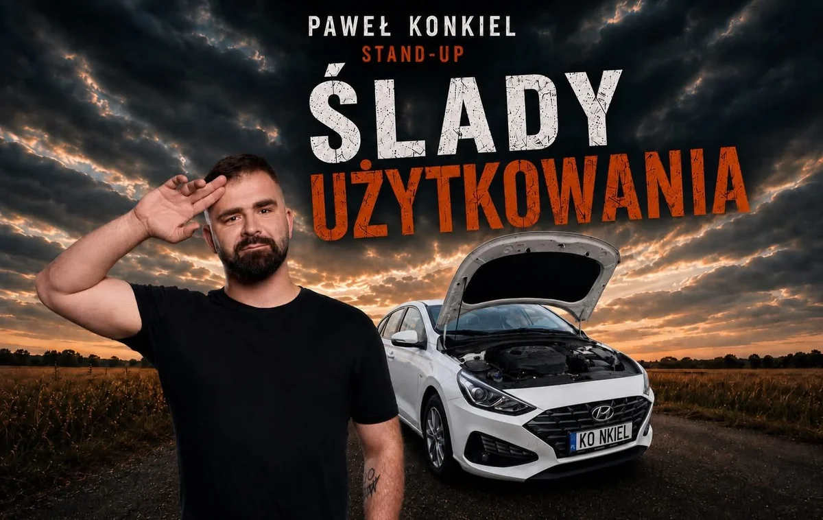 Grafika promocyjna wydarzenia Stand-up Szczecin: Paweł Konkiel i „Ślady użytkowania”