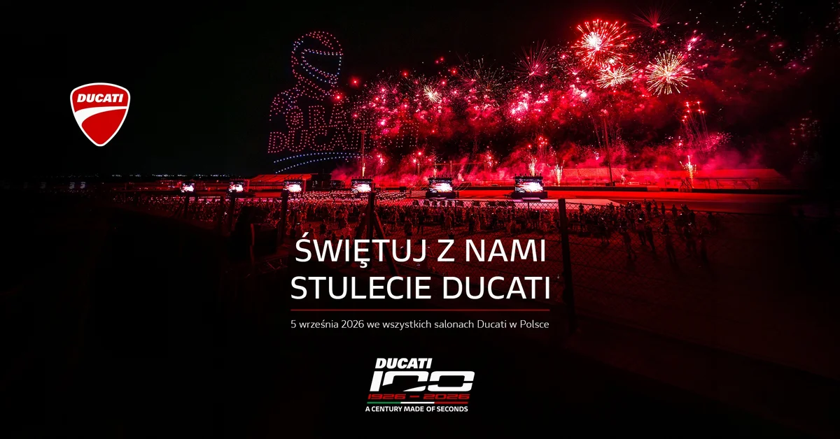 Grafika promocyjna wydarzenia Stulecie Ducati w Szczecinie