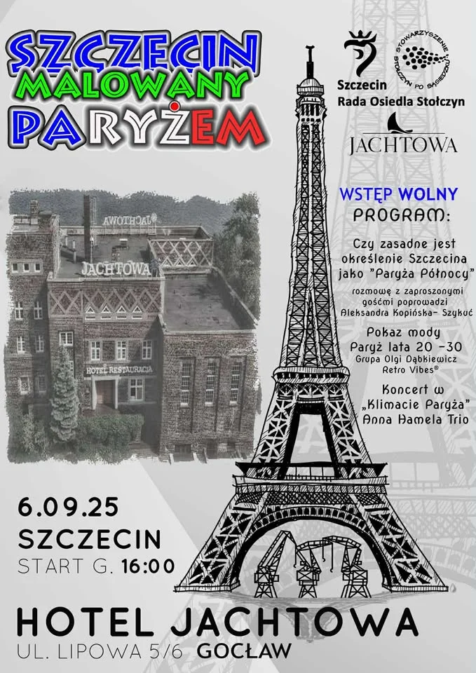 Obrazek przedstawia grafikę promocyjną wydarzenia Szczecin inspirowany Paryżem – spotkanie i koncerty w Hotelu Jachtowa