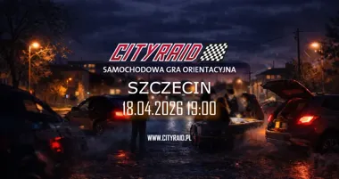 Grafika promocyjna wydarzenia CITYRAID Szczecin: samochodowa gra orientacyjna z nagrodami