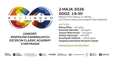 Grafika promocyjna wydarzenia KONTINUUM w Bałtyckim Porcie Kultury: koncert zespołów kameralnych Szczecin Classic Academy z Mistrzami