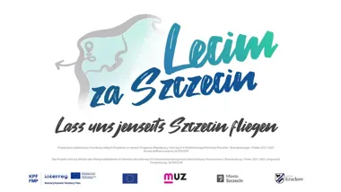 Grafika promocyjna wydarzenia Lecim za Szczecin — premiery odcinków 7 i 8 o Niederfinow, Chorin i Pałacu Bröllin