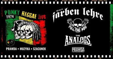 Grafika promocyjna wydarzenia Punky Reggae live 2026 w Szczecinie: Farben Lehre, The Analogs, Pull the Wire i Prawda w klubie Kosmos