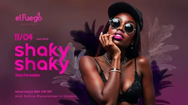 Grafika promocyjna wydarzenia Shaky Shaky w El Fuego Szczecin. Wieczór z Yeyo Fernandez i karaibskimi rytmami