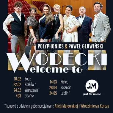 Grafika promocyjna wydarzenia Wodecki Welcome to w Szczecinie. Polyphonics z piosenkami Zbigniewa Wodeckiego