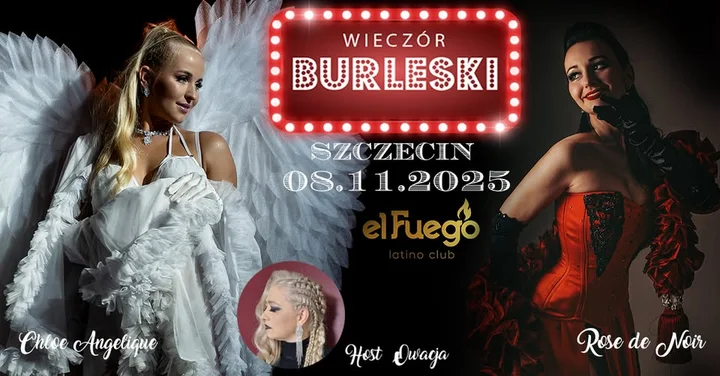Obrazek przedstawia grafikę promocyjną wydarzenia Burleskowy wieczór w klimacie prohibicji w klubie El Fuego
