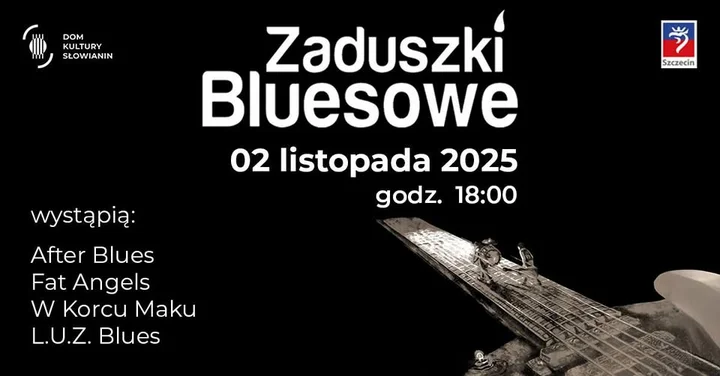 Grafika promocyjna wydarzenia Zaduszki Bluesowe w Słowianinie — Szczecin, 2 listopada 2025