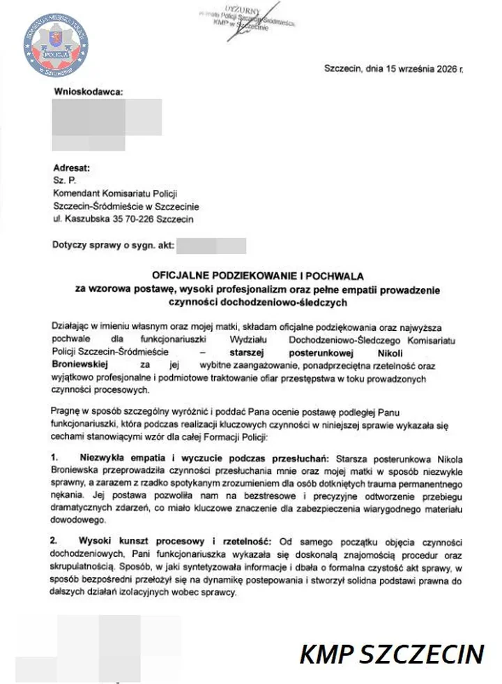 Najpierw rozmowa z rodziną, potem zatrzymanie podejrzanego. Policjanci ze Szczecina docenieni