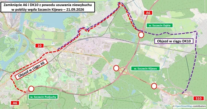 Mapa obwodnicy Szczecina z zaznaczonymi zamknięciami A6 i DK10 oraz objazdami z powodu usuwania niewybuchu przy węźle Szczecin Kijewo 21 września 2026 roku.