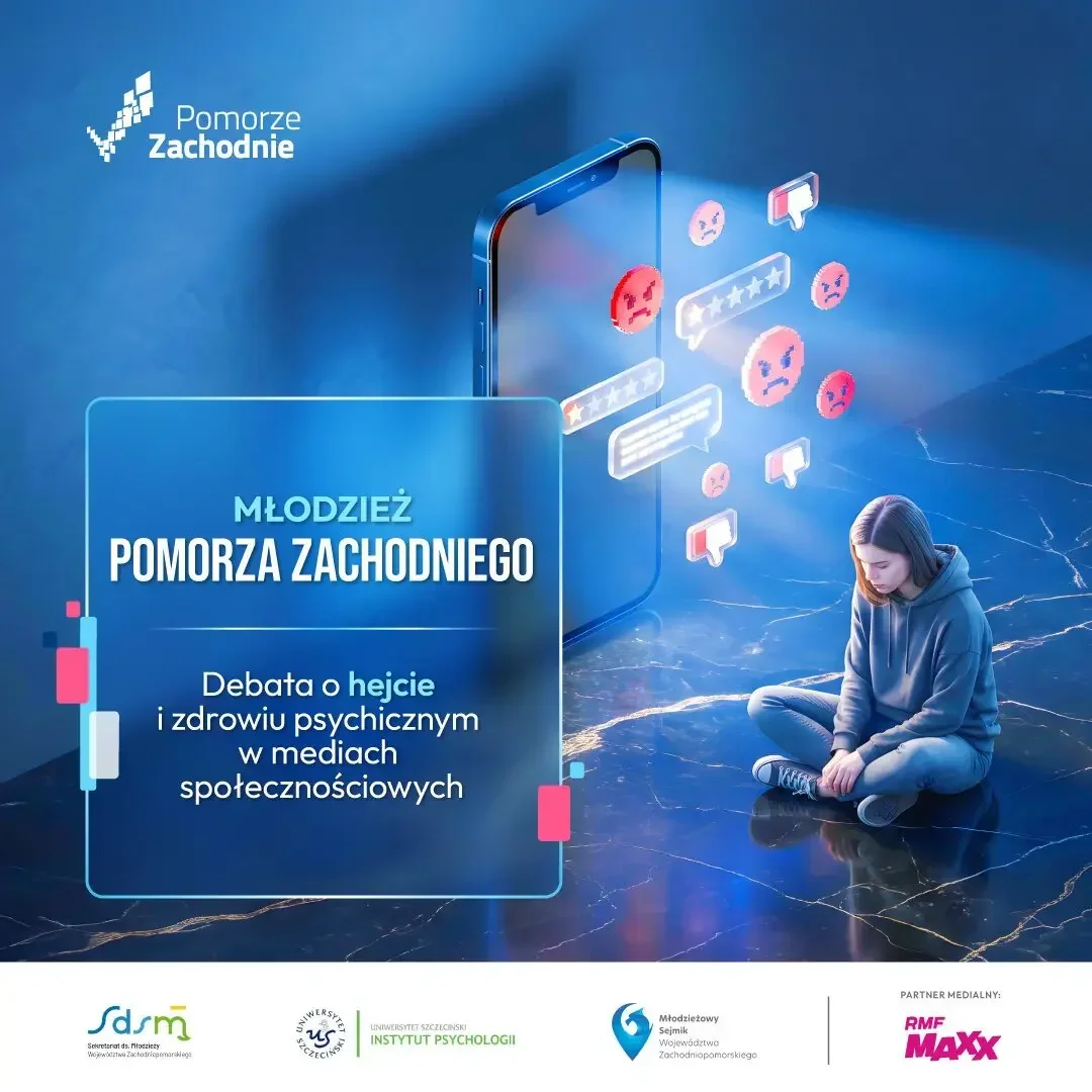 Grafika promująca debatę o hejcie i zdrowiu psychicznym w mediach społecznościowych z wizerunkiem smutnej dziewczyny i smartfona.