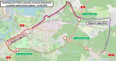 Mapa obwodnicy Szczecina z zaznaczonymi zamknięciami A6 i DK10 oraz objazdami z powodu usuwania niewybuchu przy węźle Szczecin Kijewo 21 września 2026 roku.