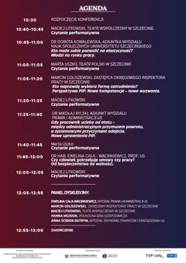 Plakat przedstawiający agendę konferencji dotyczącej rynku pracy, elastyczności zatrudnienia i uprawnień Państwowej Inspekcji Pracy, organizowanej w Szczecinie.
