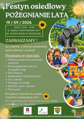Plakat informujący o festynie osiedlowym Pożegnanie Lata w Szczecinie z programem atrakcji i grafikami przedstawiającymi dzieci oraz słonia.
