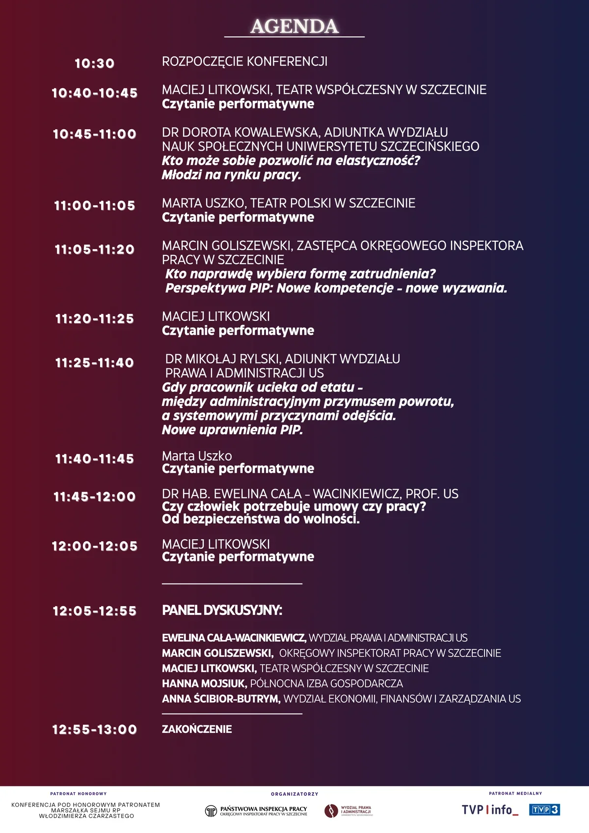 Plakat przedstawiający agendę konferencji dotyczącej rynku pracy, elastyczności zatrudnienia i uprawnień Państwowej Inspekcji Pracy, organizowanej w Szczecinie.