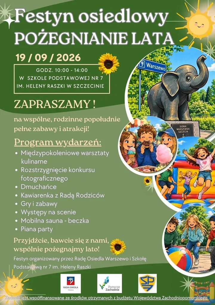 Plakat informujący o festynie osiedlowym Pożegnanie Lata w Szczecinie z programem atrakcji i grafikami przedstawiającymi dzieci oraz słonia.
